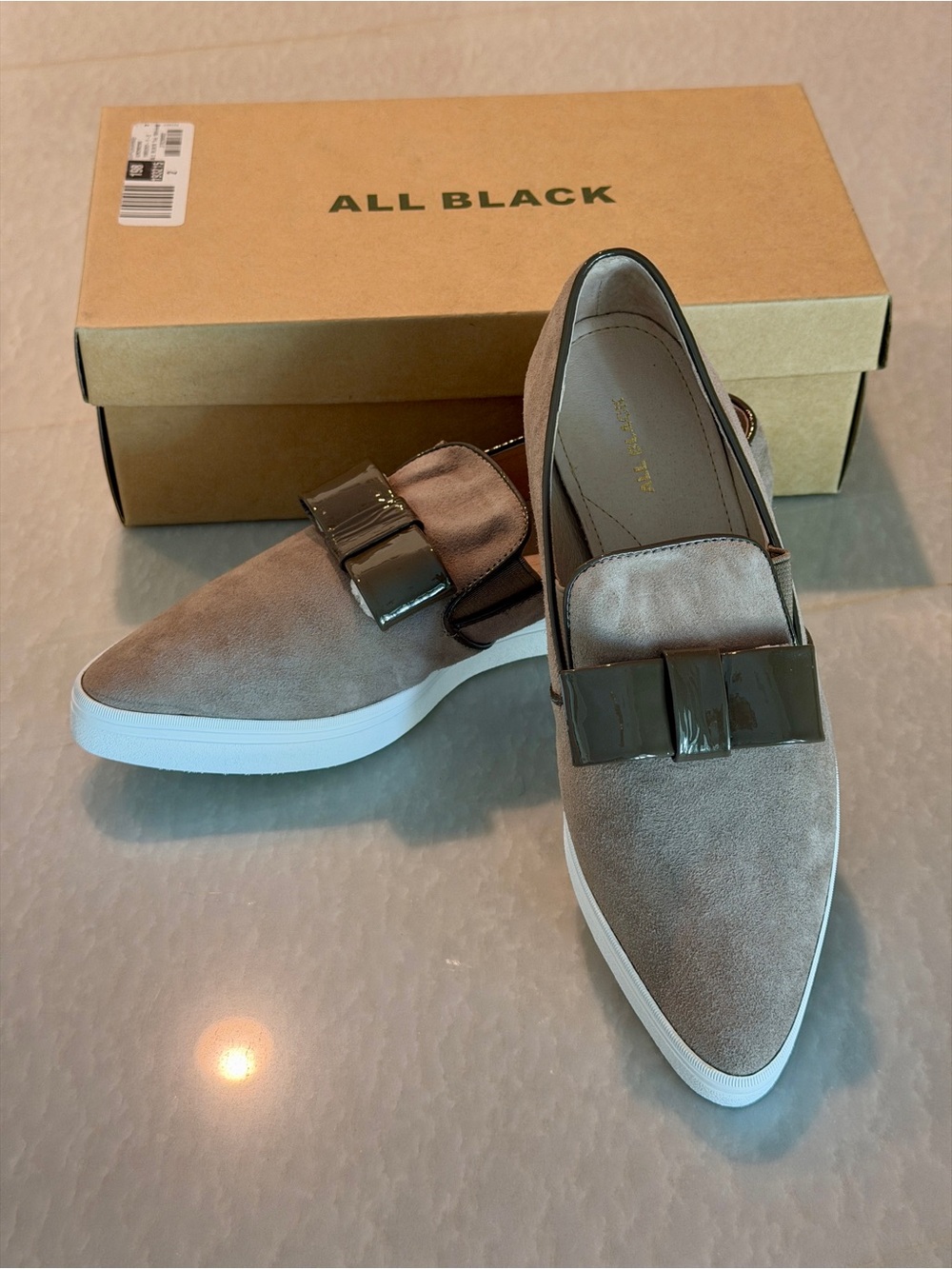 NEW! Anthropologie ALL BLACK “tux” taupe slip on flats 38